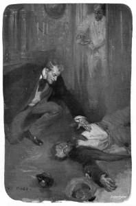 I groaned aloud as I knelt over him and felt his heart, and I was answered by a bronchial whistle from the door.  "Jolly well done!" cheered my asthmatical friend. Illustration by Cyrus Cuneo