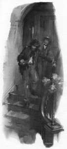 Raffles stood still upon the stairs.  A deafening double-knock had resounded through the empty house. Illustration by Cyrus Cuneo