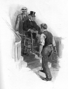 The porter and I staggered up-stairs with my decrepit charge. Illustration by F. C. Yohn